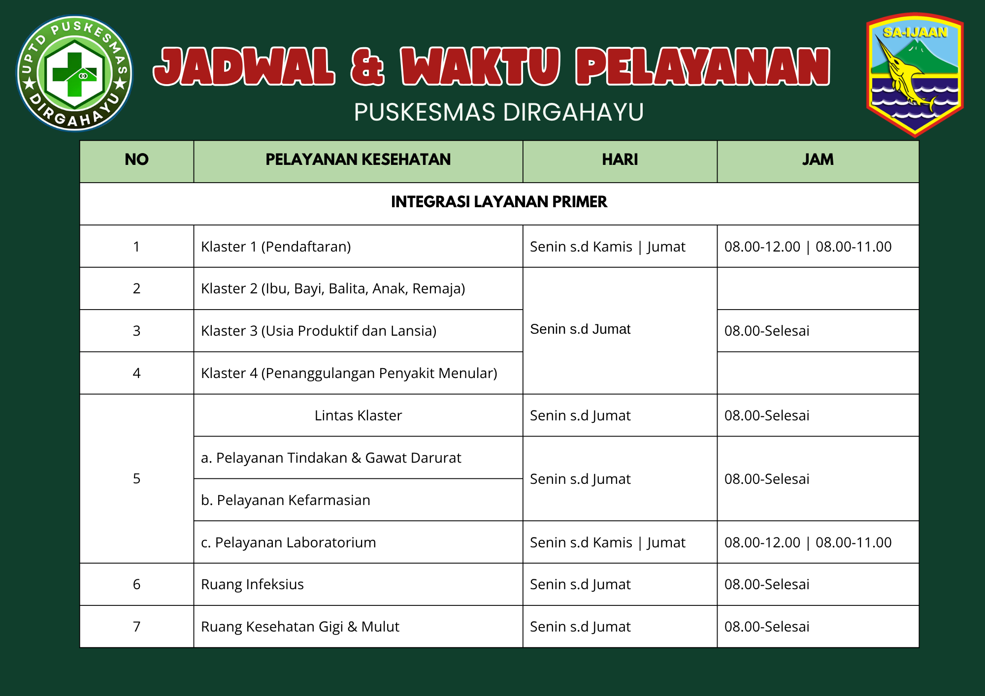 Jadwal Pelayanan UPTD Puskesmas Dirgahayu
